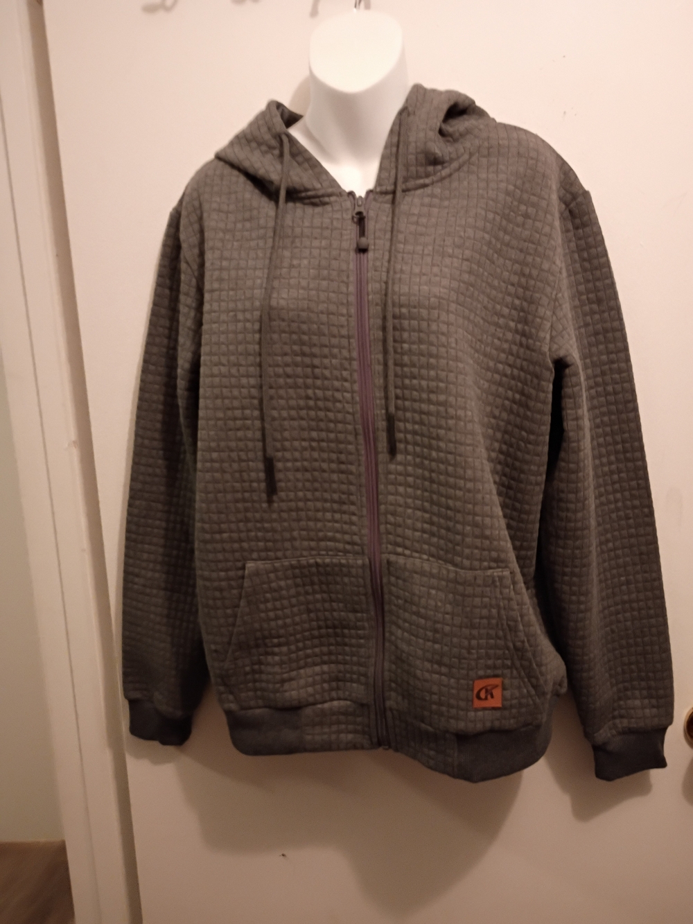 Gray Quilted Zip-Up Hoodie with Logo Patch